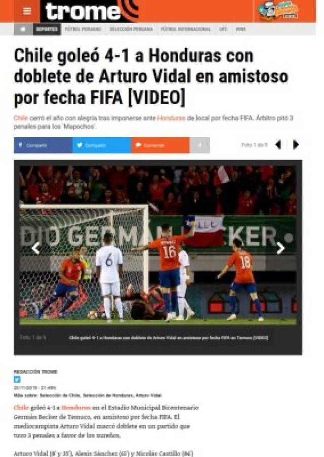 Prensa internacional: 'Polémico'y 'ridículo' triunfo de Chile ante Honduras