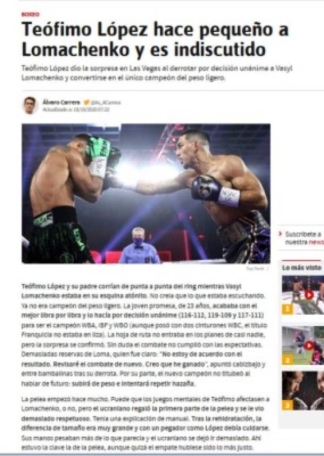 'Nació un nuevo rey': Lo que dice la prensa tras triunfo de Teófimo López sobre Lomachenko