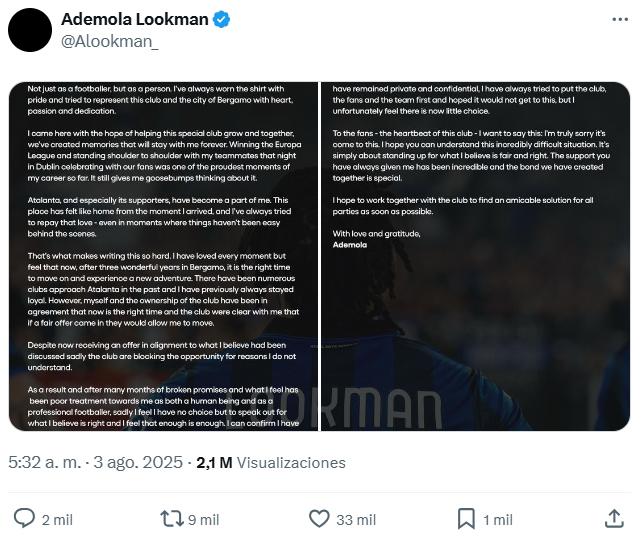 Lookman explotó contra la Atalanta y toma una drástica medida: Puedo confirmar que ya he solicitado...