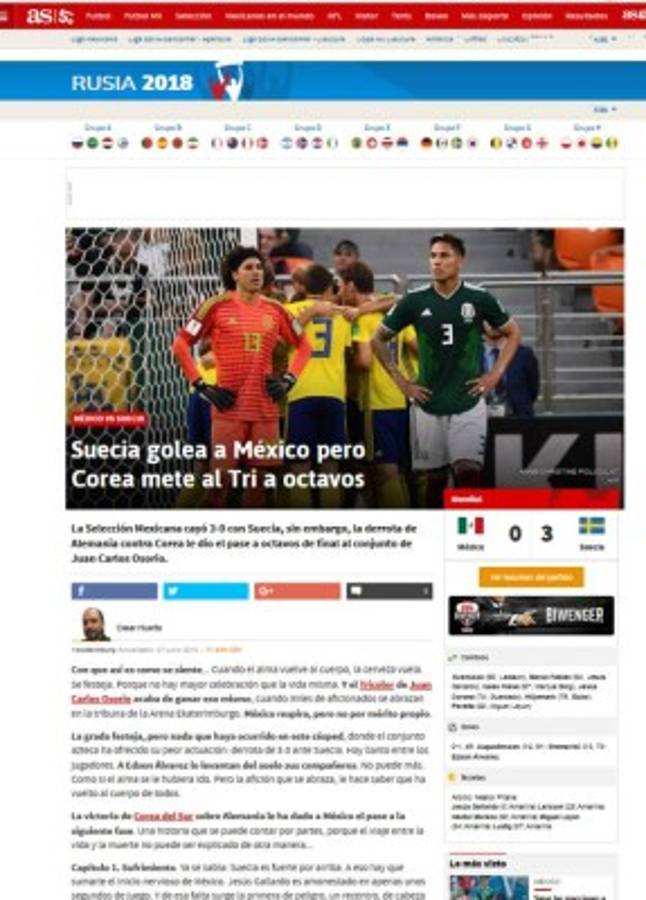 Así ve la prensa mundial el pase de México a los octavos de Rusia 2018