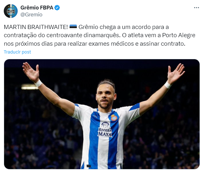 Gremio confirmó el fichaje de Martin Braithwaite por medio de su cuenta oficial de ‘X’.