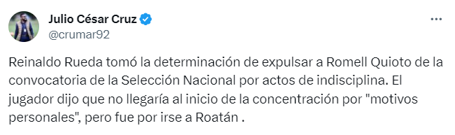 Quioto fue dado de baja en la convocatoria de Honduras y esto dicen los periodistas: “Rueda no anda chineando a nadie”