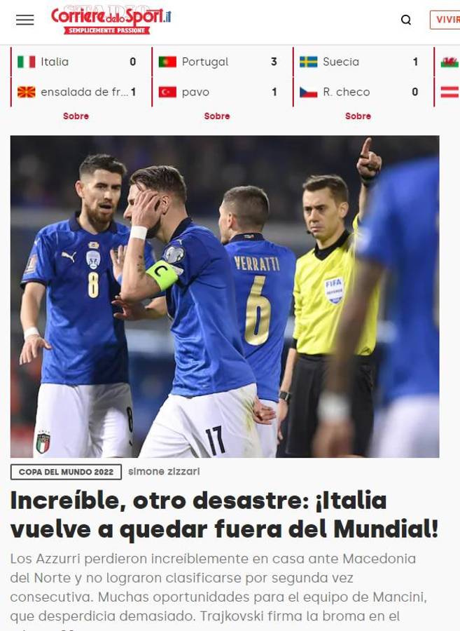 “Otro desastre” y “tragedia”: Lo que dice la prensa mundial tras el nuevo fracaso de Italia, afuera de Qatar 2022