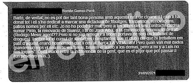 El mensaje de Gómez Ponti a Bartomeu criticando la actitud de Messi en el Barcelona.