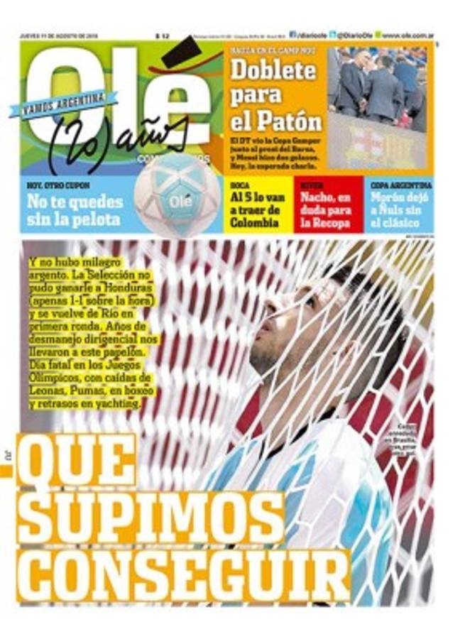 PORTADAS: Argentina llora; Honduras ríe y celebra la clasificación a cuartos de Rio-2016