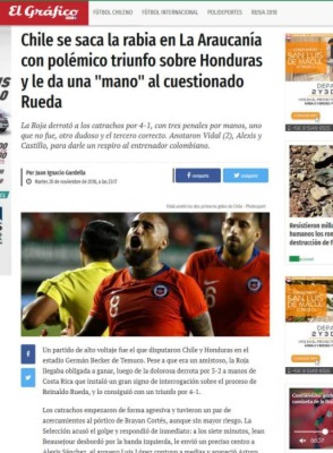 Prensa internacional: 'Polémico'y 'ridículo' triunfo de Chile ante Honduras