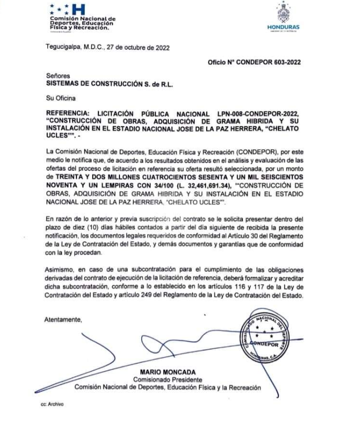 Comunicado de Condepor sobre los resultados del proceso de licitación para el cambio engramillado del Estadio Nacional.