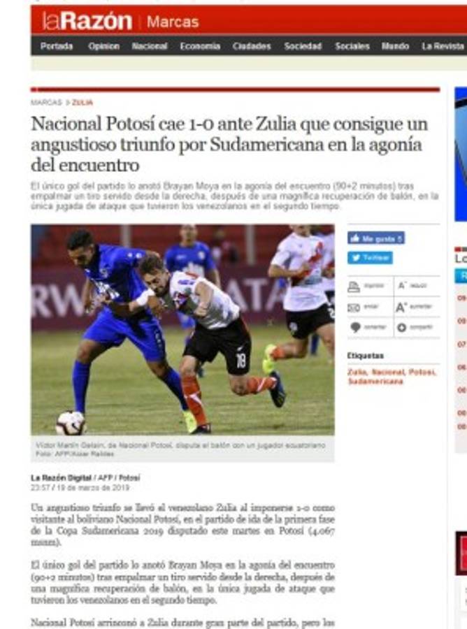 Prensa sudamericana: Bryan Moya amargó a un 'Nacional Potosí con récord de remates'