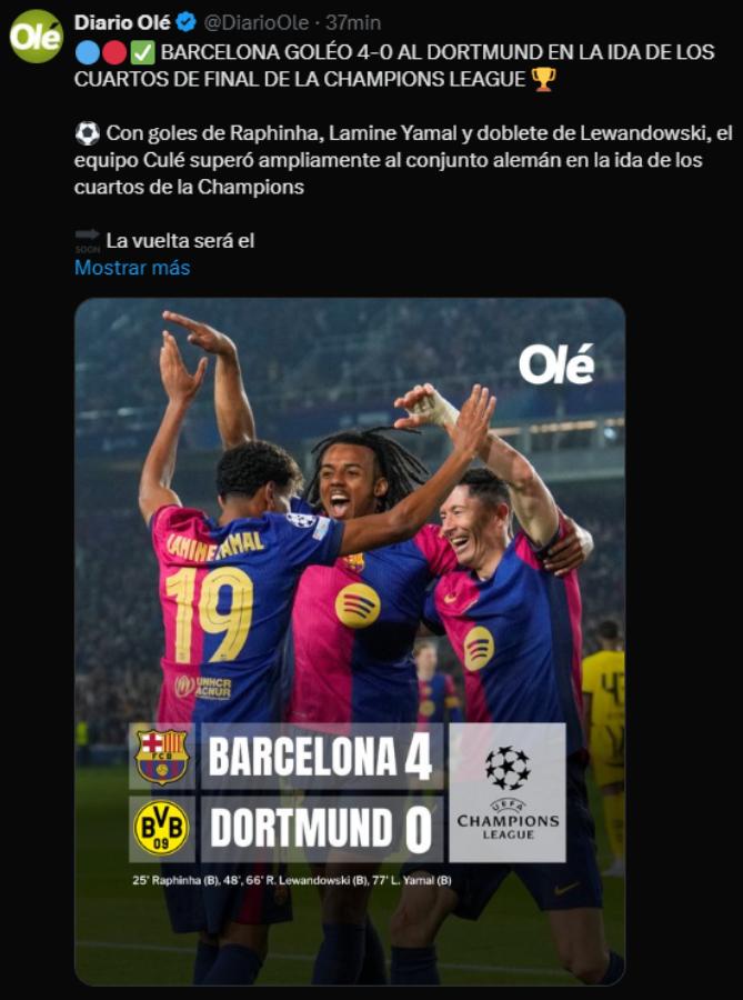 Serie liquidada, semifinales a la vista: así reaccionó la prensa tras la goleada del Barcelona al Dortmund en Champions