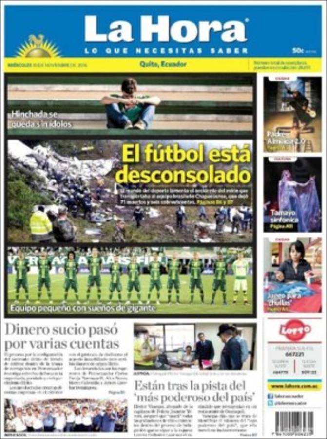 PORTADAS: ¡El mundo llora la tragedia aérea del Chapecoense!