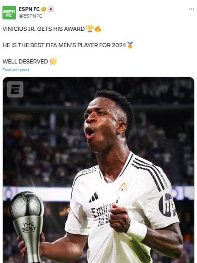 Vinicius ganó el premio The Best y la prensa reacciona: “Aquí sí asiste el Madrid; ya es mucho más grande que Neymar”