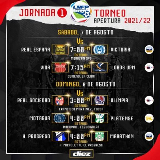 Horarios: Olimpia, Motagua y Marathón cierran la primera jornada del Apertura 2021 en Honduras