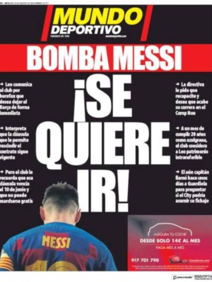 'Lío Mundial en la City': Messi causa revuelo en las portadas de los medios tras pedir su salida del Barça