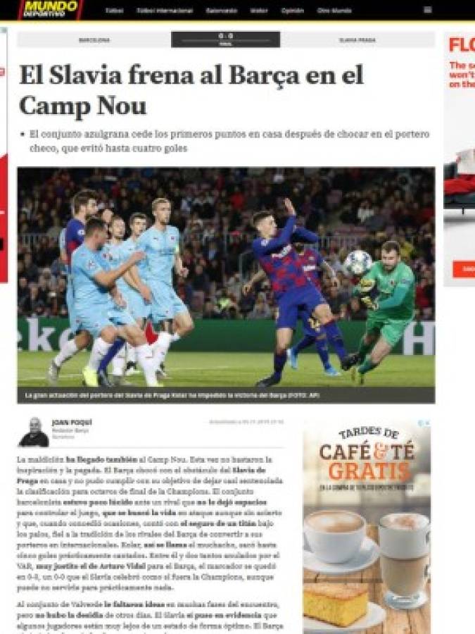 Prensa de España atiza contra Barcelona tras empate contra Slavia Praha en Champions