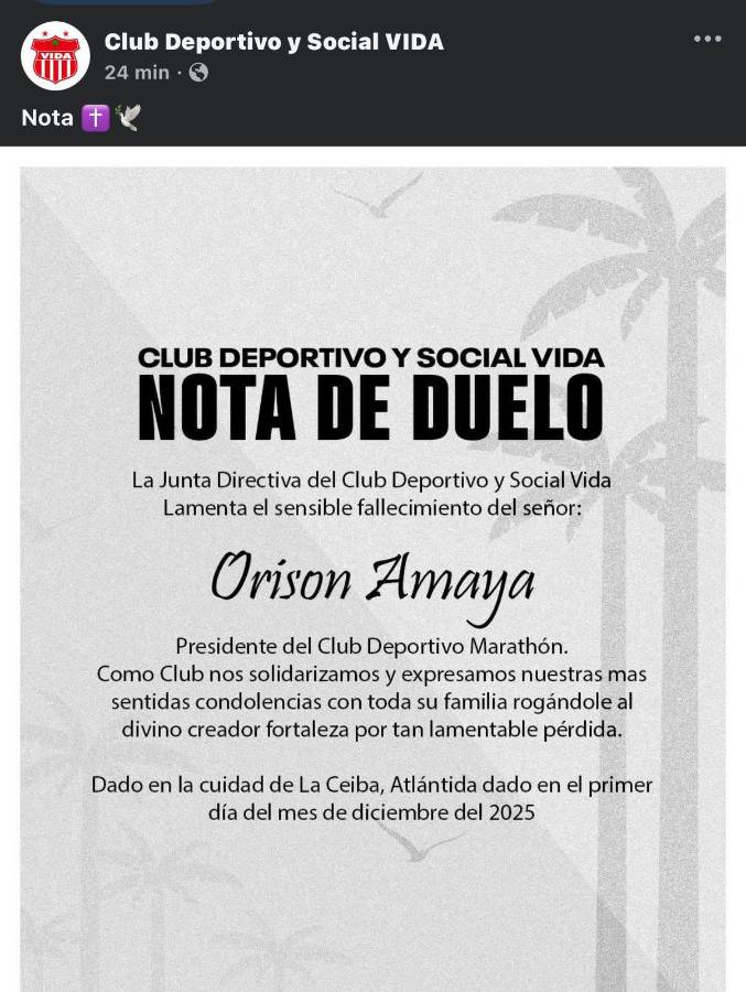 Pachuca y los equipos de la Liga Nacional despiden al presidente de Marathón, Orinson Amaya: Permanecerá en nuestros corazones