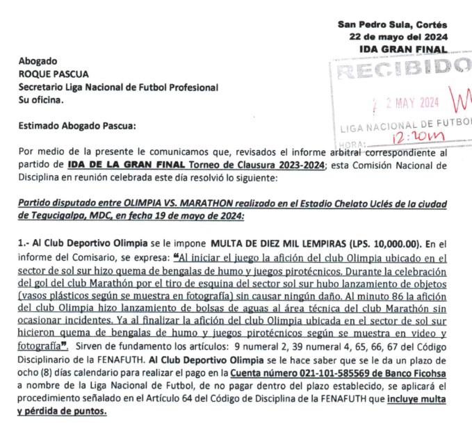 El documento de la Comisión de Disciplina donde se confirma la multa a Olimpia.