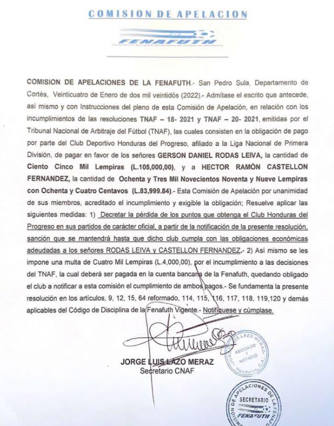 Honduras Progreso recibe ultimátum: Comenzará a perder puntos si no cumple deuda con Gerson Rodas y Héctor Castellón