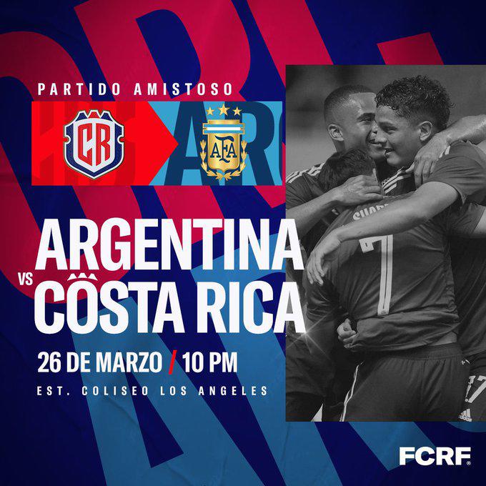 Costa Rica publicó en sus redes sociales que el partido ante Argntina comenzará a las 10:00 PM el 26 de marzo.
