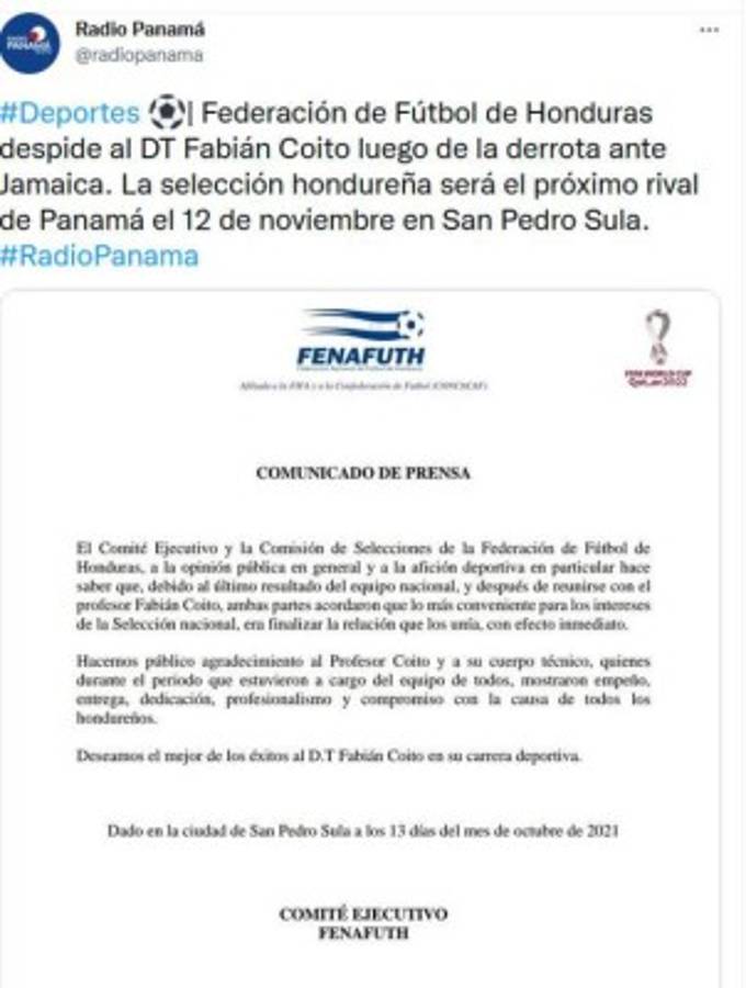 La prensa deportiva reacciona tras el despido de Fabián Coito de la Selección de Honduras