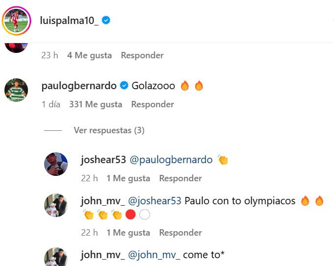 La felicitación de Paulo Bernardo a Luis Enrique Palma en su cuenta personal de Instagram.