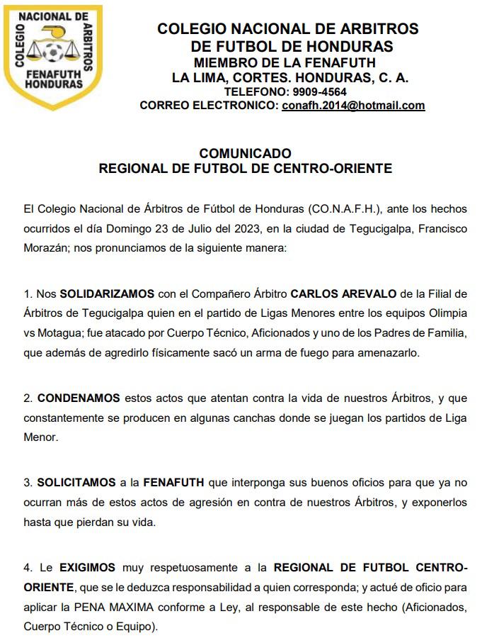 El Colegio Nacional de Árbitros se solidarizó con el réferi Carlos Arévalo.