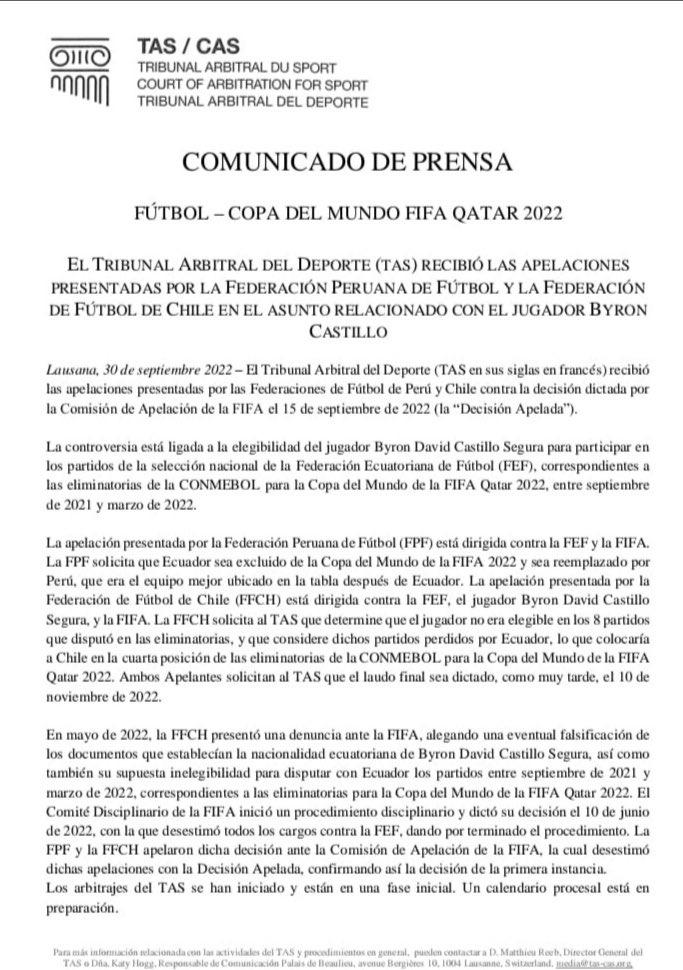 ¡Quieren estar en Qatar 2022! La petición de Chile y Perú ante el TAS para descalifique a Ecuador del Mundial