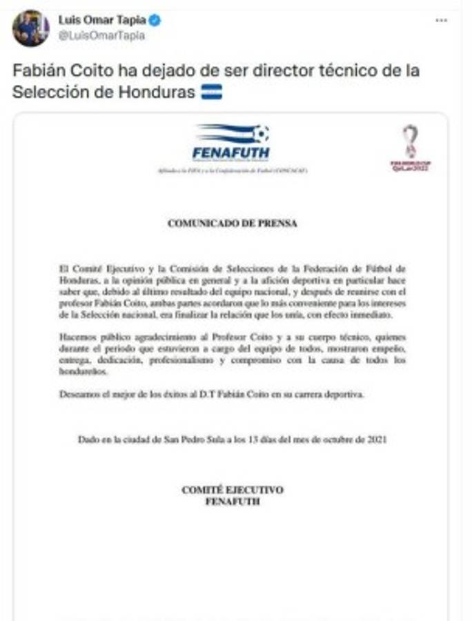 La prensa deportiva reacciona tras el despido de Fabián Coito de la Selección de Honduras