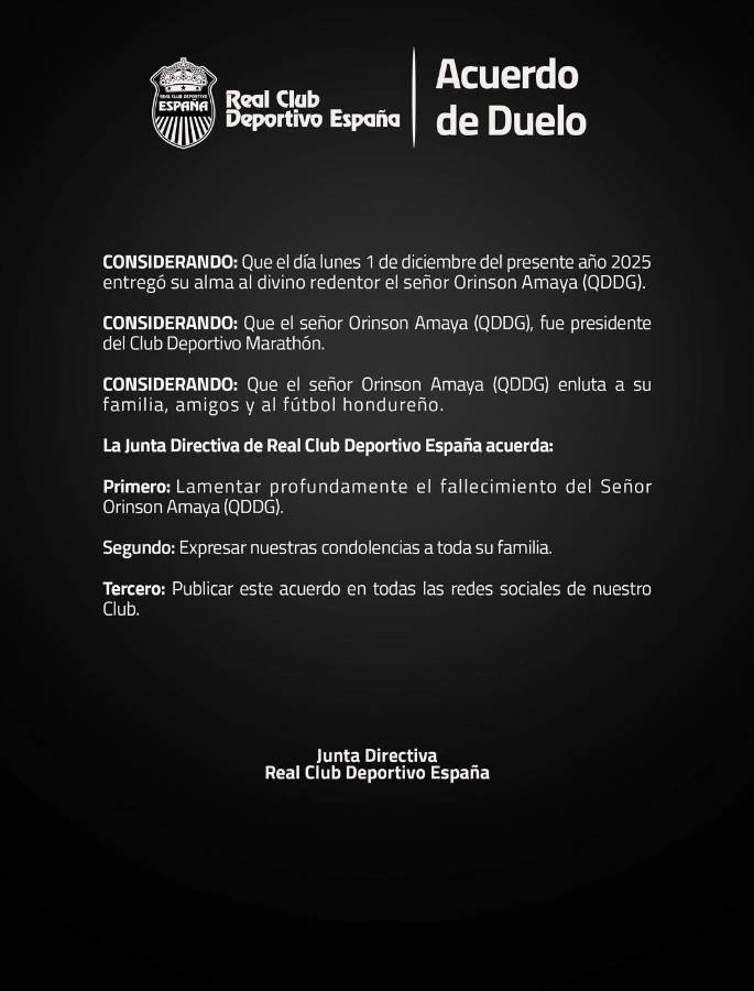 Pachuca y los equipos de la Liga Nacional despiden al presidente de Marathón, Orinson Amaya: Permanecerá en nuestros corazones