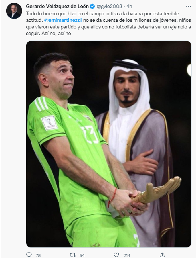 “Tu vulgaridad atenta contra la afición, la FIFA debería quitarte el premio”: explotan críticas contra Dibu Martínez por obscenso gesto