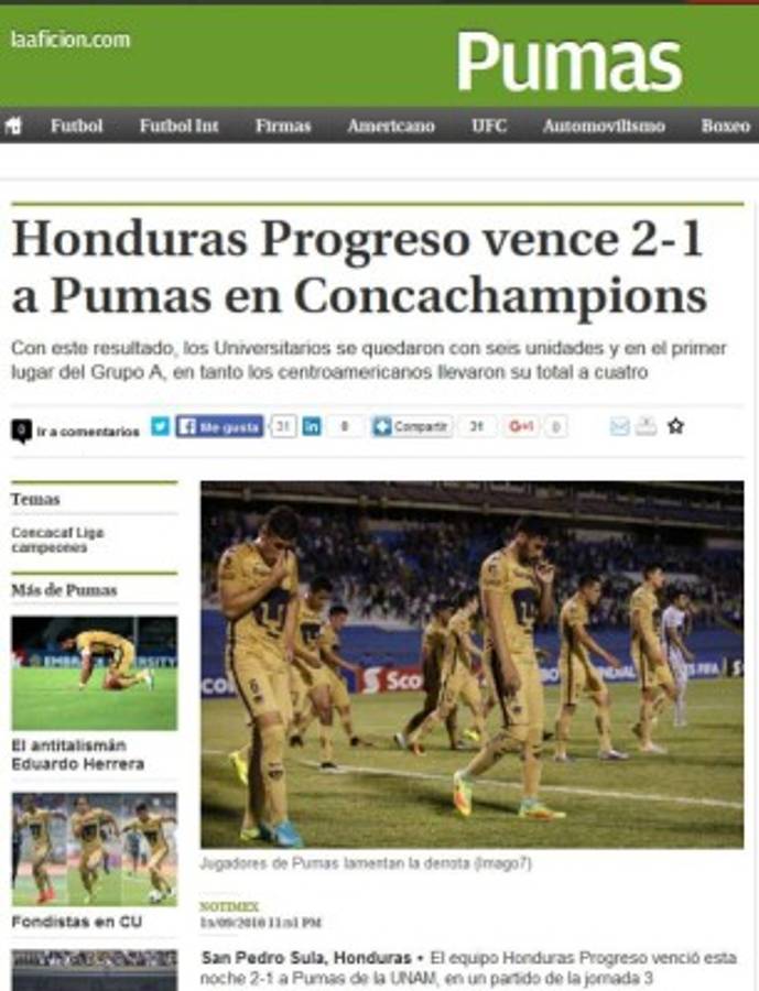 'Suspenso y se ahoga el grito': Así tituló la prensa mexicana derrota de Pumas ante Honduras