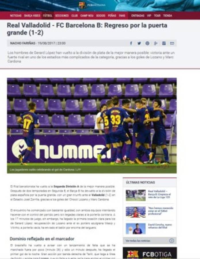 Prensa internacional destaca labor al Choco Lozano en debut del Barcelona B