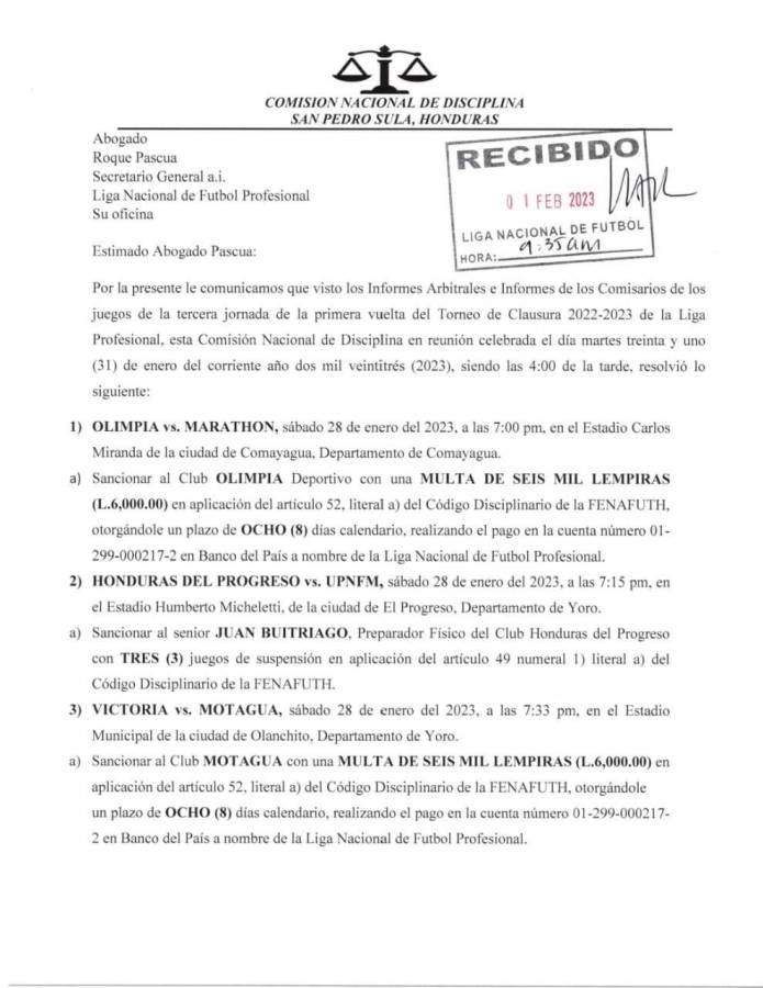 Comisión de Disciplina castiga al Motagua y Olimpia.