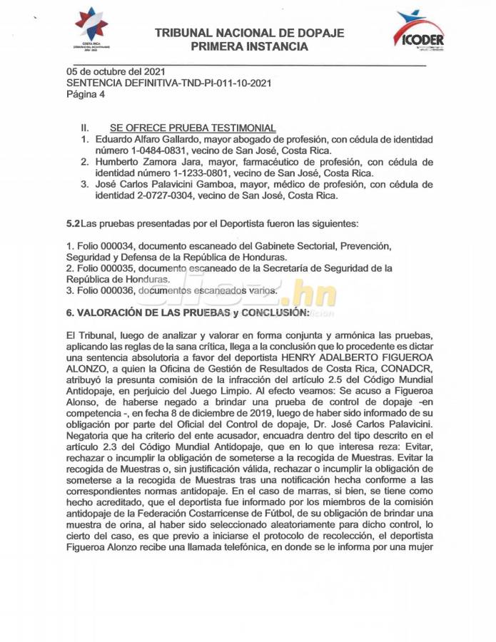 Tribunal Antidopaje de Costa Rica envía documento a Fenafuth donde exonera a Henry Figueroa y ya puede ser fichado por el Vida