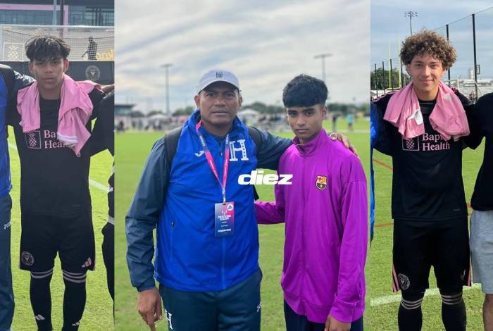 Jefferson Moradel, Alfredo Rodríguez y Leandro Padilla, los tres compitieron en la Messi Cup 2026 y fueron seguidos por el técnico hondureño Edil Pavón.