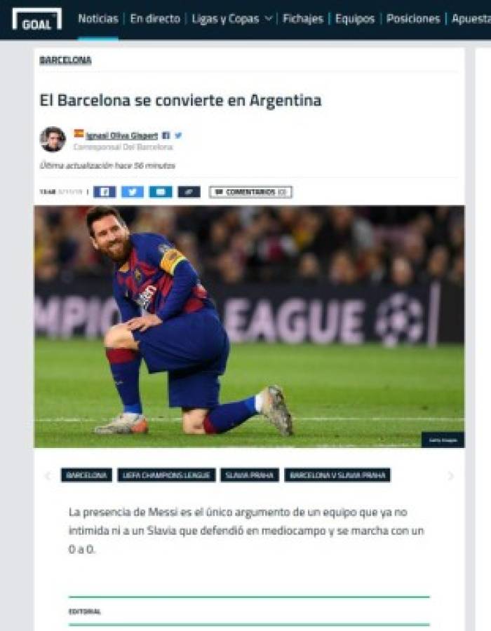 Prensa de España atiza contra Barcelona tras empate contra Slavia Praha en Champions