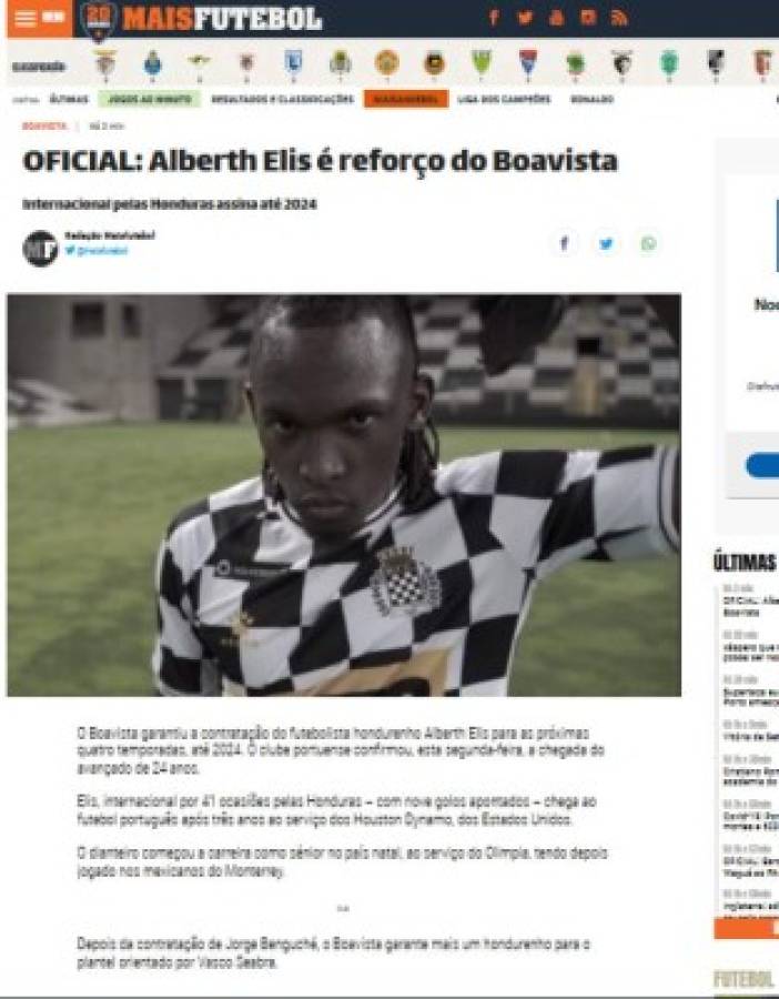 'Poder físico, velocidad y gol': Lo que dicen en EUA y Portugal del fichaje de Alberth Elis con Boavista