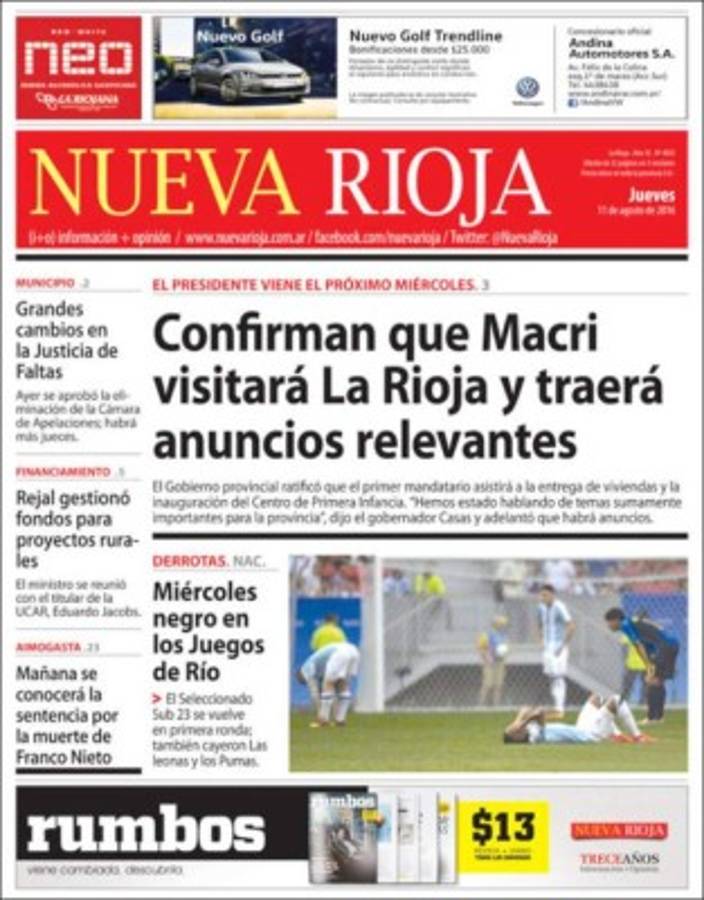 PORTADAS: Argentina llora; Honduras ríe y celebra la clasificación a cuartos de Rio-2016