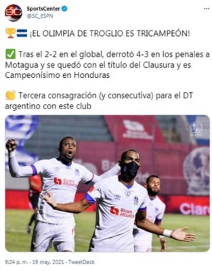Prensa internacional sobre el tricampeonato de Olimpia ante Motagua y así destacan a Pedro Troglio