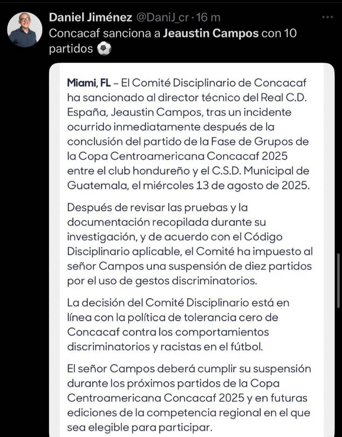 Le salió caro: la prensa tica y hondureña reacciona al castigo de 10 partidos que recibió Campos por parte de Concacaf