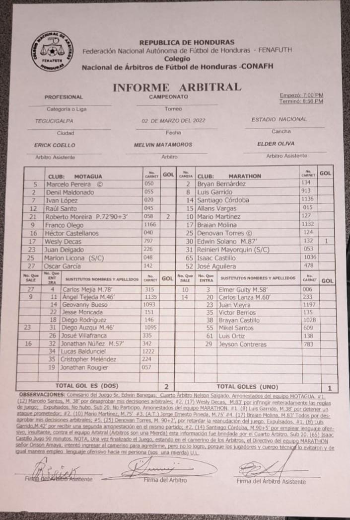 Acta Arbitral: Orinson Amaya intentó agredir a Melvin Matamoros tras polémica contra Motagua; Santiago Córdoba también fue insertado