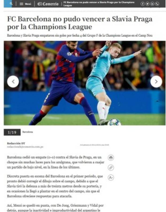 Prensa de España atiza contra Barcelona tras empate contra Slavia Praha en Champions