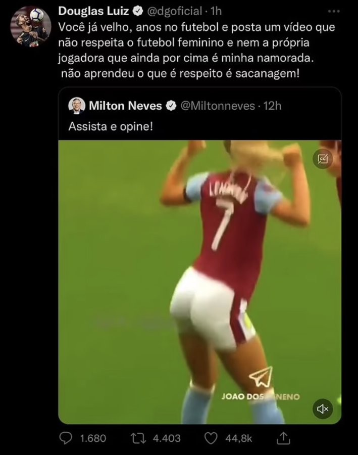 ¡Salió a la carga! Douglas Luiz le responde a periodista que habló de su novia, Alisha Lehmann: ‘‘No tienes respeto’’