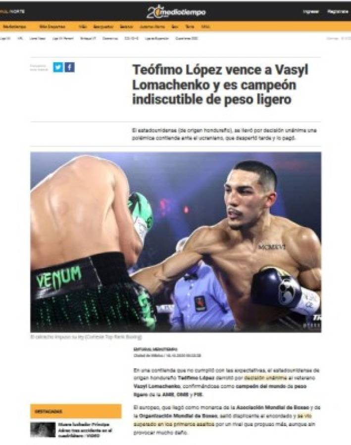 'Nació un nuevo rey': Lo que dice la prensa tras triunfo de Teófimo López sobre Lomachenko