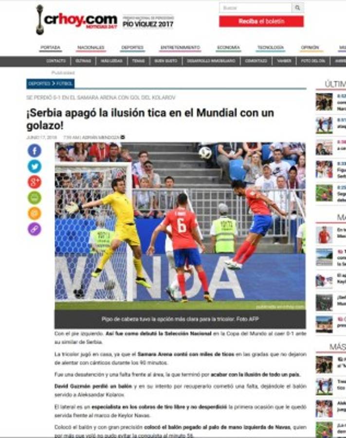 Prensa de Costa Rica: 'Se apaga la ilusión de los octavos en Rusia'