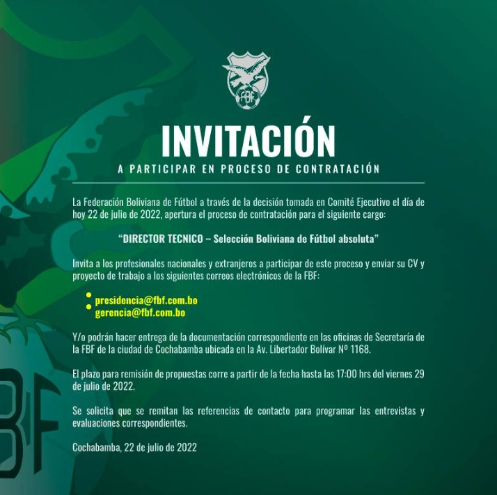 El comunicado de la Federación de Bolivia para buscar al nuevo entrenador.