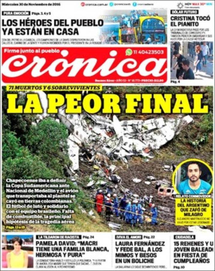 PORTADAS: ¡El mundo llora la tragedia aérea del Chapecoense!