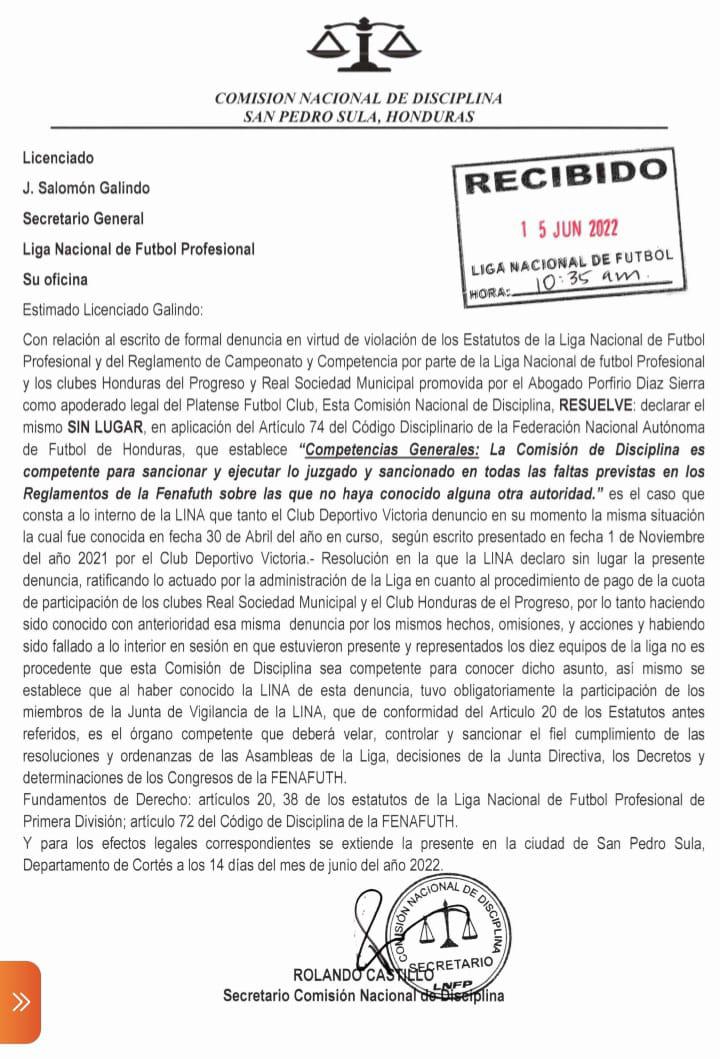 Documento presentado por la Comisión de Disciplina.