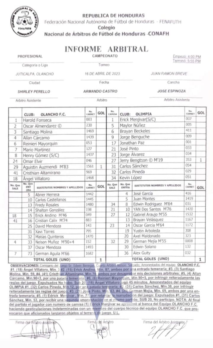 El acta arbitral del partido Olancho-Olimpia por la jornada 16 del torneo Clausura 2023. Foto: Deportes TVC.