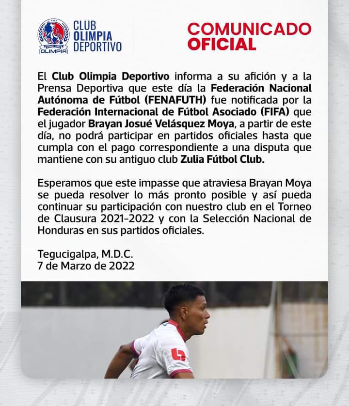 FIFA suspende a Bryan Moya por deuda con el Zulia de Venezuela y no podrá jugar con Olimpia ni Honduras