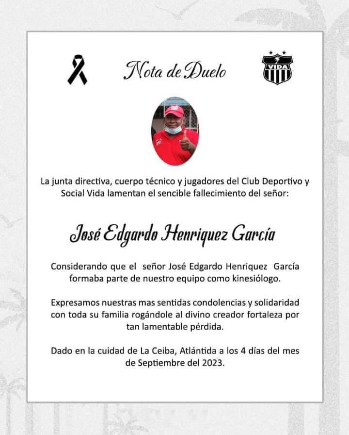 La nota de duelo del Vida tras el sensible fallecimiento de José Edgardo Henríquez García.